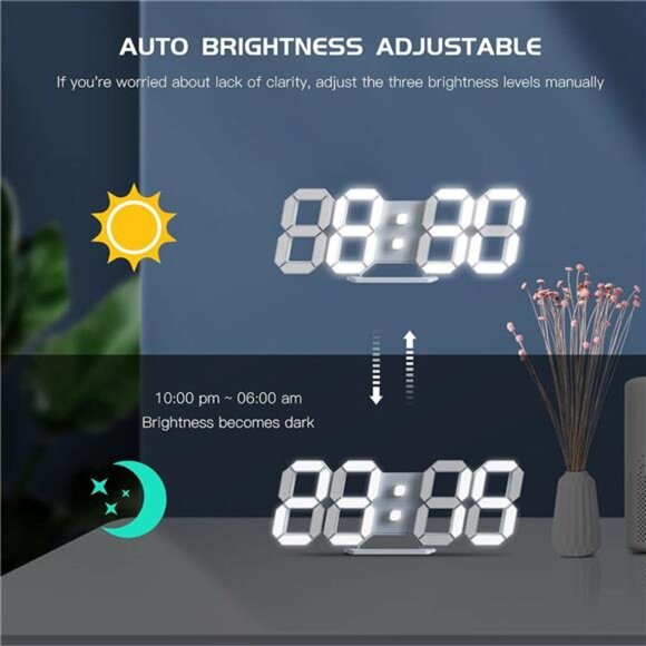 Led Digital Alarm, 3D Wall Clock Desk Auto Dimming 12/24 Hour Date Temperature - Picture 4 of 7